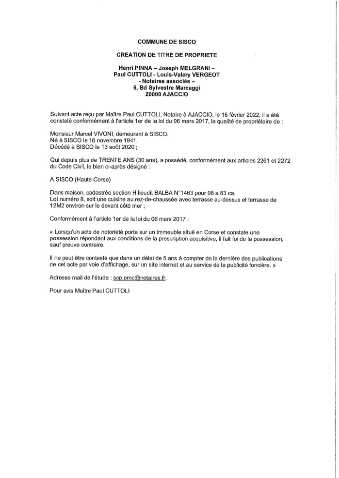 Avis de création de titre de propriété - Commune de Sisco (Haute-Corse) Avis de création de titre de propriété - Commune de Sisco (Haute-Corse)