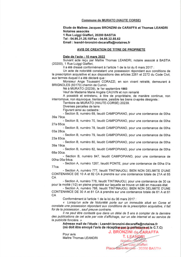 Avis de création de titre de propriété - Commune de Murato (Haute-Corse) Avis de création de titre de propriété - Commune de Murato (Haute-Corse)