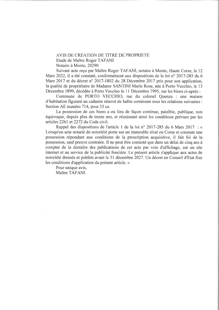 Avis de création de titre de propriété -Commune de Porto-Vecchio (Corse-du-Sud) Avis de création de titre de propriété -Commune de Porto-Vecchio (Corse-du-Sud)