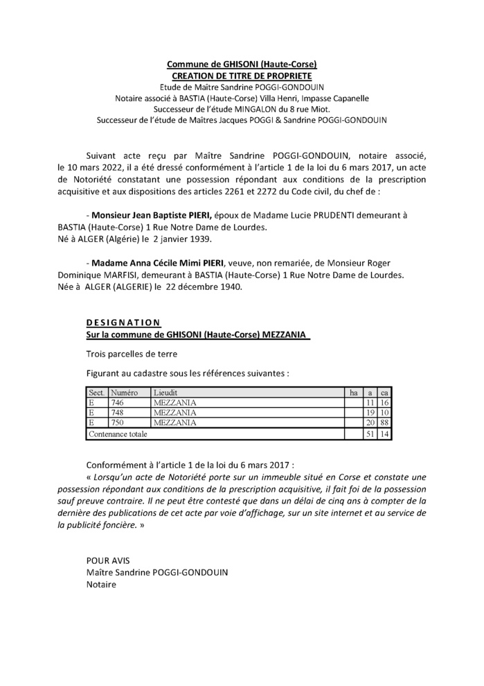 Avis de création de titre de propriété - Commune de Ghisoni (Haute-Corse) Avis de création de titre de propriété - Commune de Ghisoni (Haute-Corse)