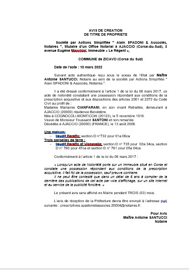 Avis de création de titre de propriété -Commune de Zicavo (Corse-du-Sud) Avis de création de titre de propriété -Commune de Zicavo (Corse-du-Sud)