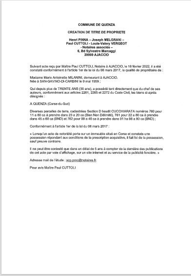 Avis de création de titre de propriété -Commune de Quenza (Corse-du-Sud) Avis de création de titre de propriété -Commune de Quenza (Corse-du-Sud)