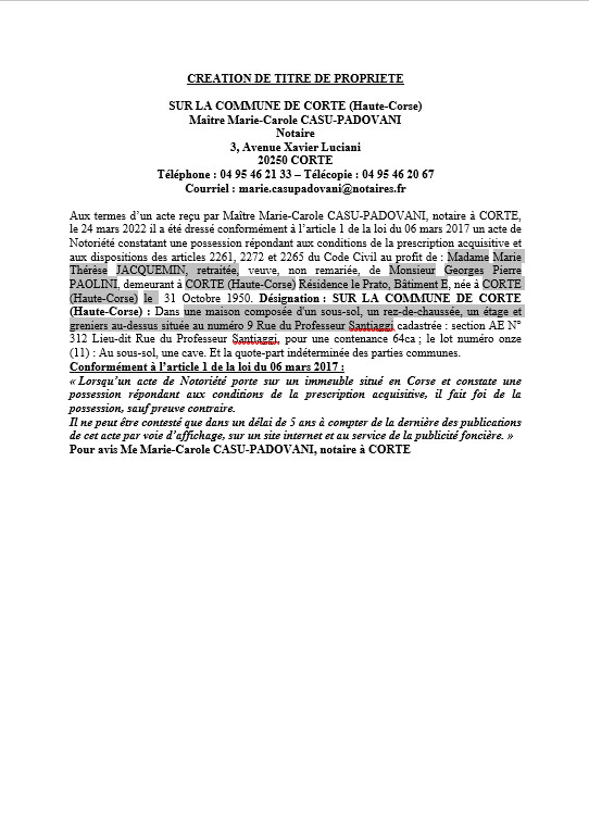 Avis de création de titre de propriété -Commune de Corte (Haute-Corse) 