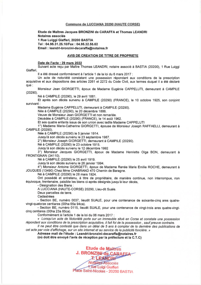 Avis de création de titre de propriété -Commune de Lucciana (Haute-Corse) 