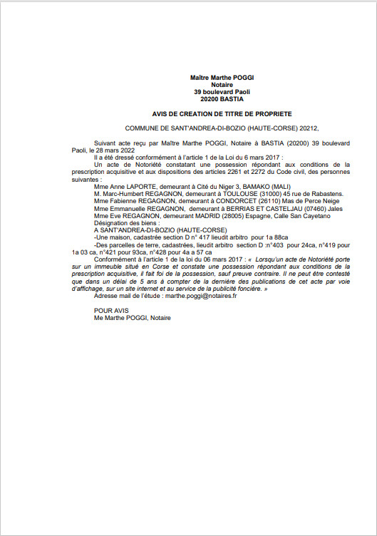 Avis de création de titre de propriété -Commune de Sant'Andria-di-Bozio (Haute-Corse) Avis de création de titre de propriété -Commune de Sant'Andria-di-Bozio (Haute-Corse)