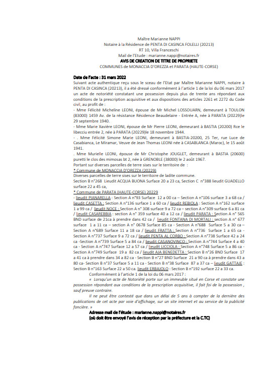 Avis de création de titre de propriété -Commune de Monaccia d'Orezza et Parata (Haute-Corse) Avis de création de titre de propriété -Commune de Monaccia d'Orezza et Parata (Haute-Corse)