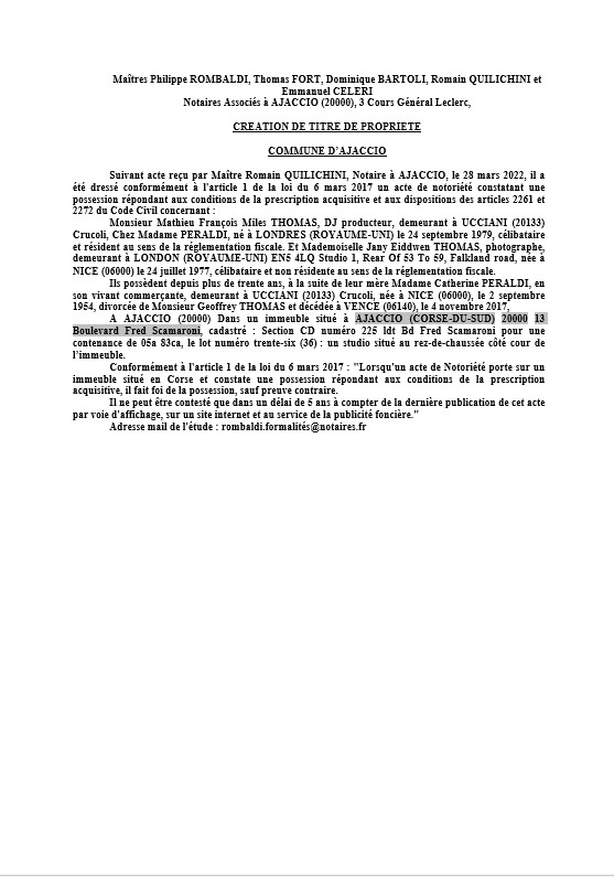 Avis de création de titre de propriété -Commune d'Ajaccio (Corse-du-Sud) 