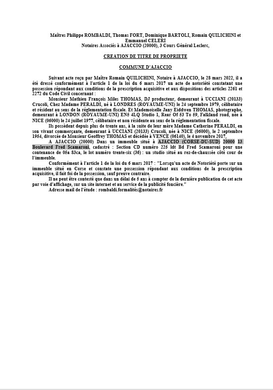 Avis de création de titre de propriété -Commune d'Ajaccio (Corse-du-Sud) Avis de création de titre de propriété -Commune d'Ajaccio (Corse-du-Sud)