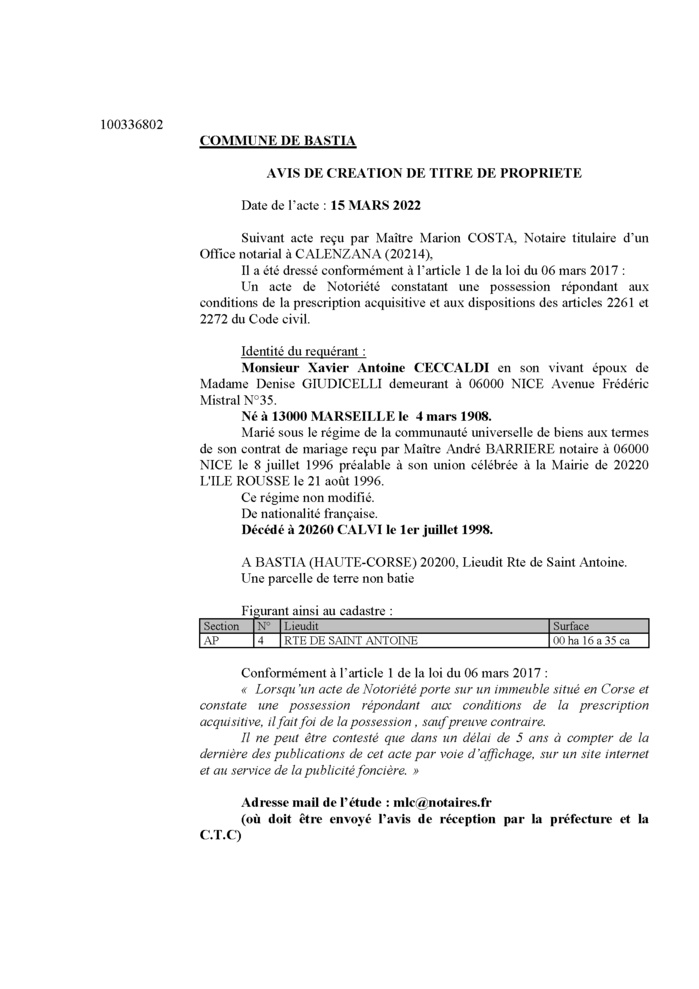 Avis de création de titre de propriété -Commune de Bastia (Haute-Corse) 