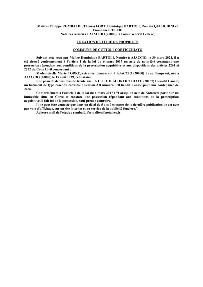 Avis de création de titre de propriété -Commune de Cuttoli-Corticchiato (Corse-du-Sud) 