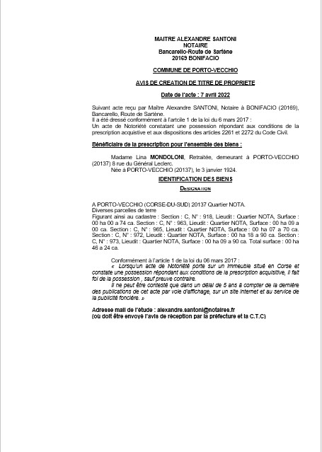 Avis de création de titre de propriété -Commune de Porto-Vecchio (Corse-du-Sud) Avis de création de titre de propriété -Commune de Porto-Vecchio (Corse-du-Sud)