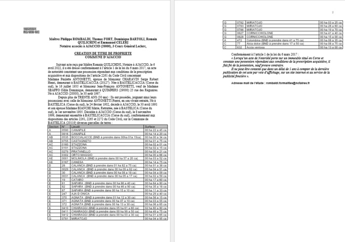 Avis de création de titre de propriété -Commune d'Ajaccio (Corse-du-Sud) Avis de création de titre de propriété -Commune d'Ajaccio (Corse-du-Sud)