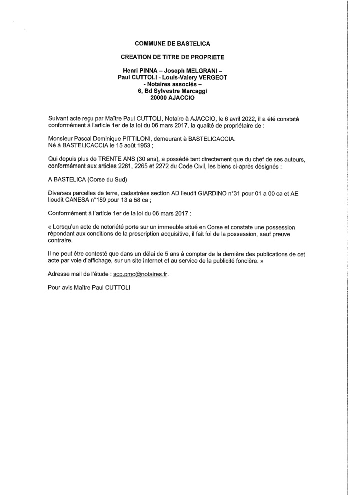 Avis de création de titre de propriété -Commune de Bastelica (Corse-du-Sud) 