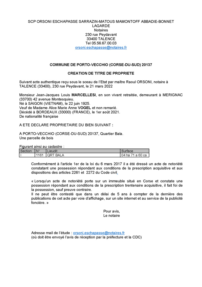Avis de création de titre de propriété -Commune de Porto-Vecchio (Corse-du-Sud) Avis de création de titre de propriété -Commune de Porto-Vecchio (Corse-du-Sud)