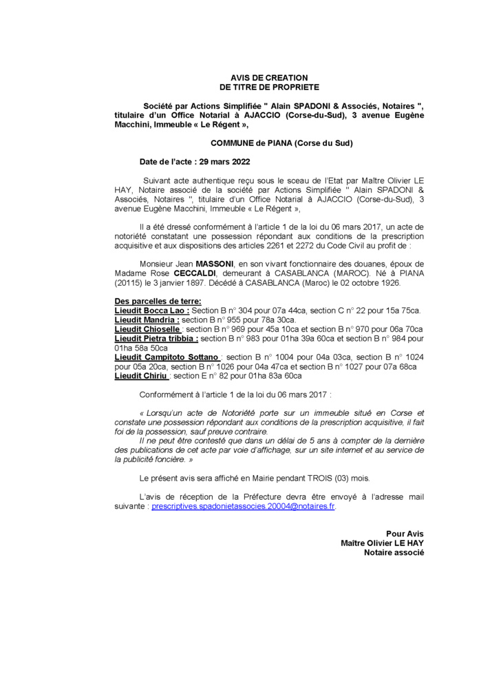 Avis de création de titre de propriété -Commune de Piana (Corse-du-Sud) Avis de création de titre de propriété -Commune de Piana (Corse-du-Sud)