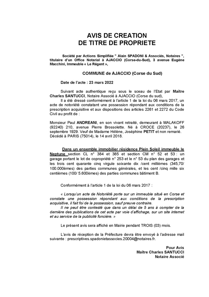  Avis de création de titre de propriété -Commune d'Ajaccio (Corse-du-Sud) 