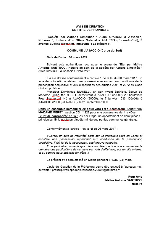 Avis de création de titre de propriété -Commune d'Ajaccio (Corse-du-Sud) Avis de création de titre de propriété -Commune d'Ajaccio (Corse-du-Sud)