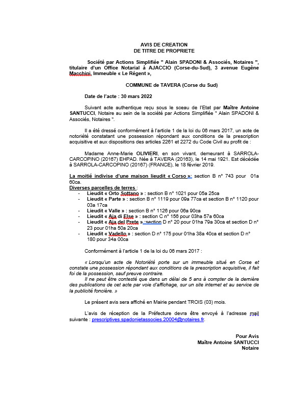Avis de création de titre de propriété -Commune de Tavera (Corse-du-Sud) Avis de création de titre de propriété -Commune de Tavera (Corse-du-Sud)