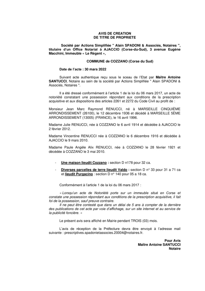 Avis de création de titre de propriété -Commune de Cozzano (Corse-du-Sud) Avis de création de titre de propriété -Commune de Cozzano (Corse-du-Sud)