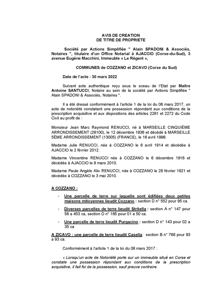 Avis de création de titre de propriété -Communes de Cozzano et Zicavo (Corse-du-Sud) 