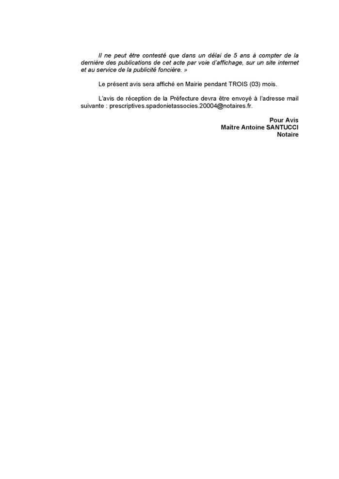 Avis de création de titre de propriété -Communes de Cozzano et Zicavo (Corse-du-Sud) 