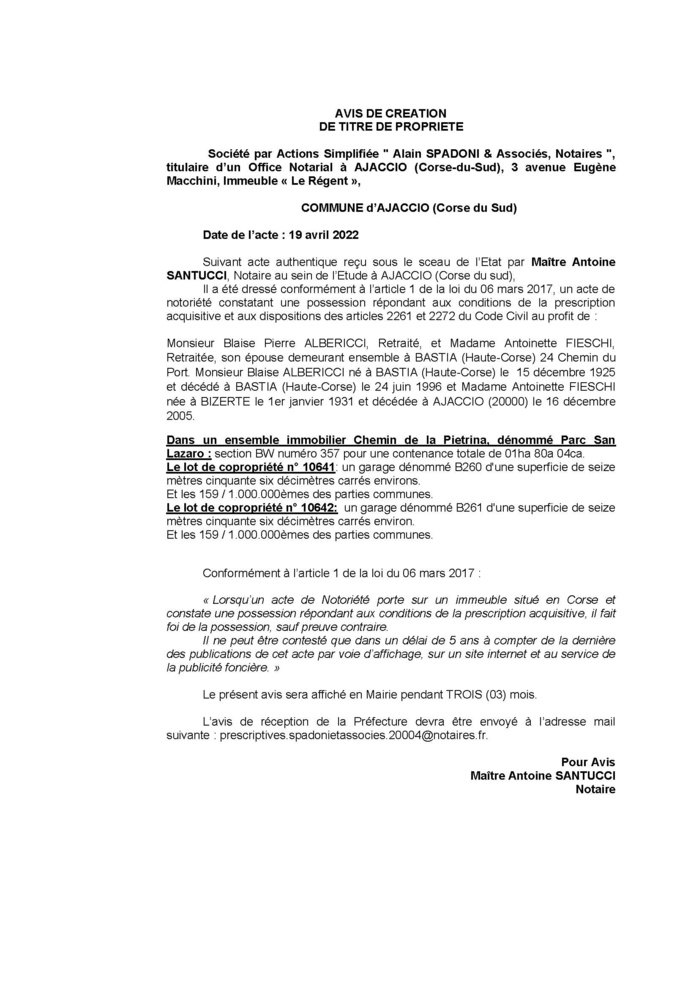 Avis de création de titre de propriété -Commune d'Ajaccio (Corse-du-Sud) 