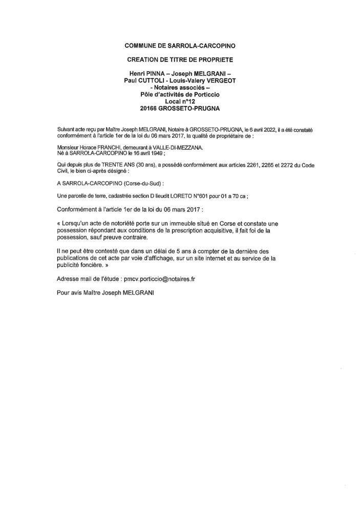 Avis de création de titre de propriété -Commune de Sarrola-Carcopino (Corse-du-Sud) 