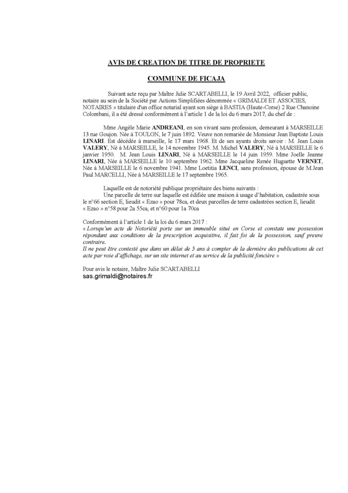 Avis de création de titre de propriété -Commune de Ficaja (Haute-Corse)