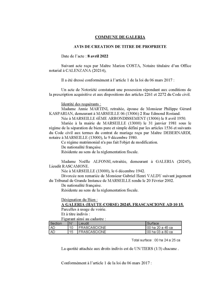 Avis de création de titre de propriété -Commune de Galeria (Haute-Corse)