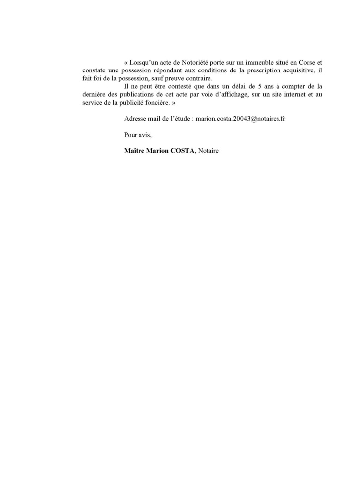 Avis de création de titre de propriété -Commune de Galeria (Haute-Corse)