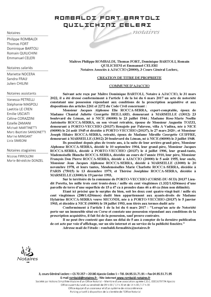 Avis de création de titre de propriété -Commune d'Ajaccio (Corse-du-Sud)