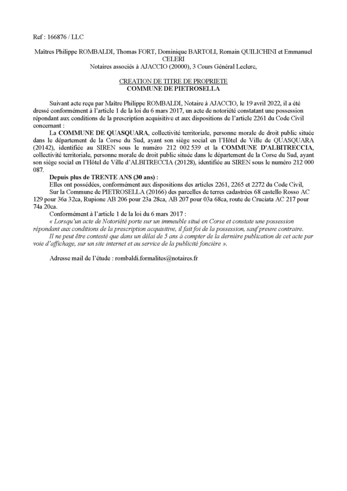 Avis de création de titre de propriété -Commune de Pietrosella (Corse-du-Sud) Avis de création de titre de propriété -Commune de Pietrosella (Corse-du-Sud)