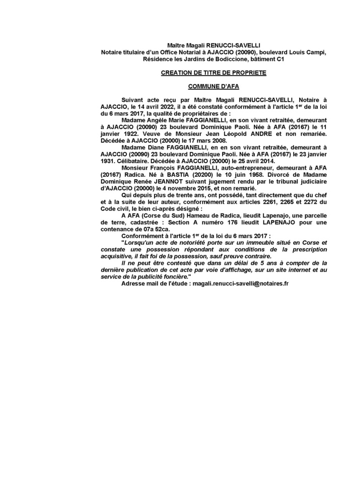 Avis de création de titre de propriété -Commune d'Afa (Corse-du-Sud)
