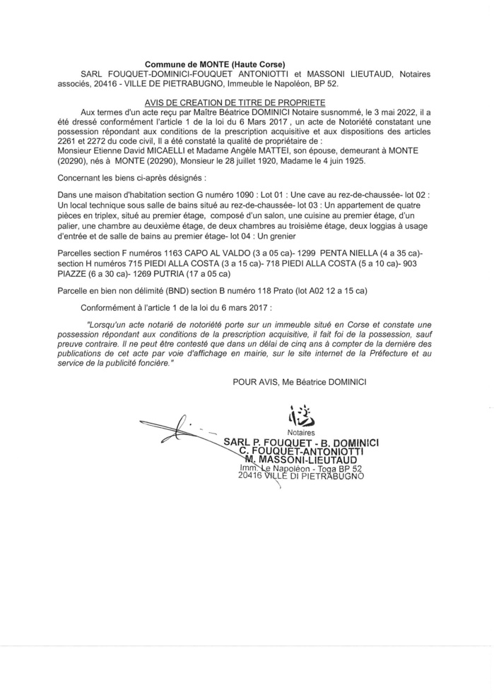 Avis de création de titre de propriété -Communes de Lecci et Zonza (Corse-du-Sud) Avis de création de titre de propriété -Communes de Lecci et Zonza (Corse-du-Sud)