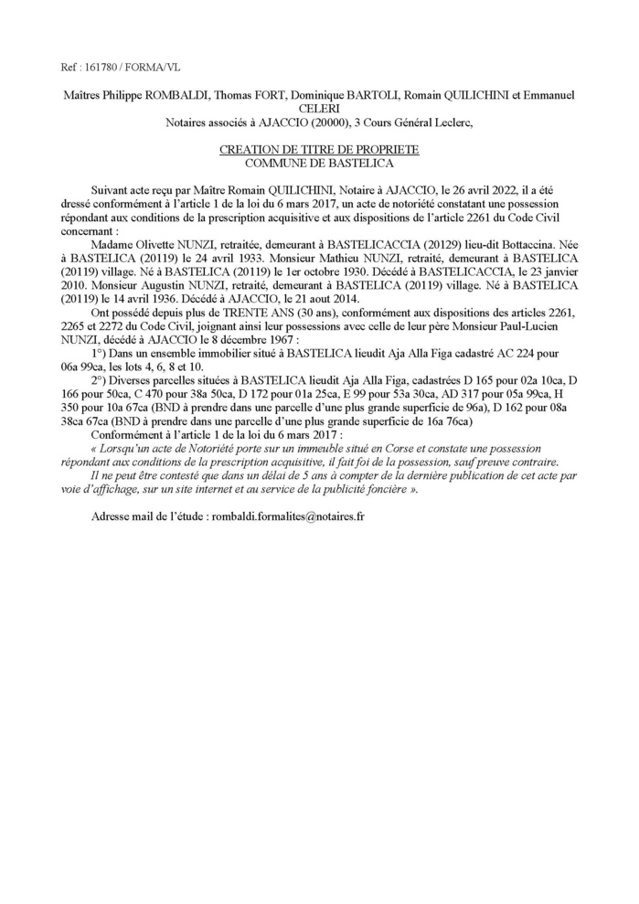 Avis de création de titre de propriété -Commune de Monte (Haute-Corse)  Avis de création de titre de propriété -Commune de Monte (Haute-Corse)