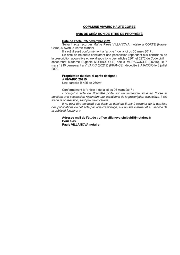 Avis de création de titre de propriété -Commune de Vivario (Haute-Corse) 