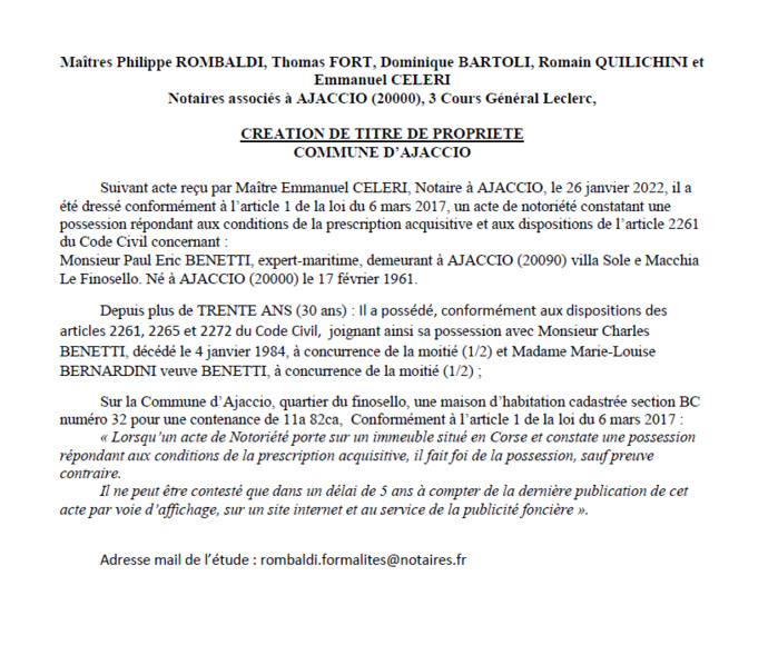 Avis de création de titre de propriété - Commune d'Ajaccio (Corse du Sud) 