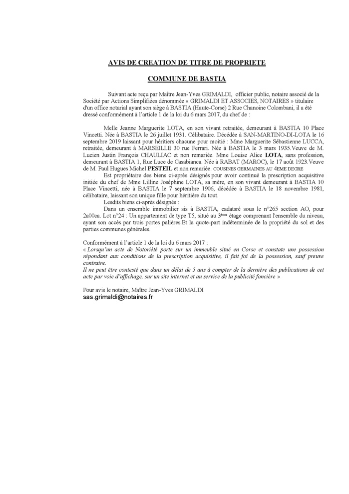 Avis de création de titre de propriété - Commune de Bastia (Haute-Corse) Avis de création de titre de propriété - Commune de Bastia (Haute-Corse)