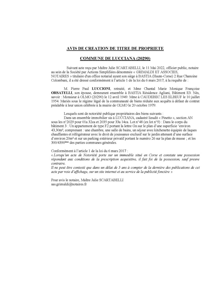 Avis de création de titre de propriété - Commune de Lucciana (Haute-Corse) 