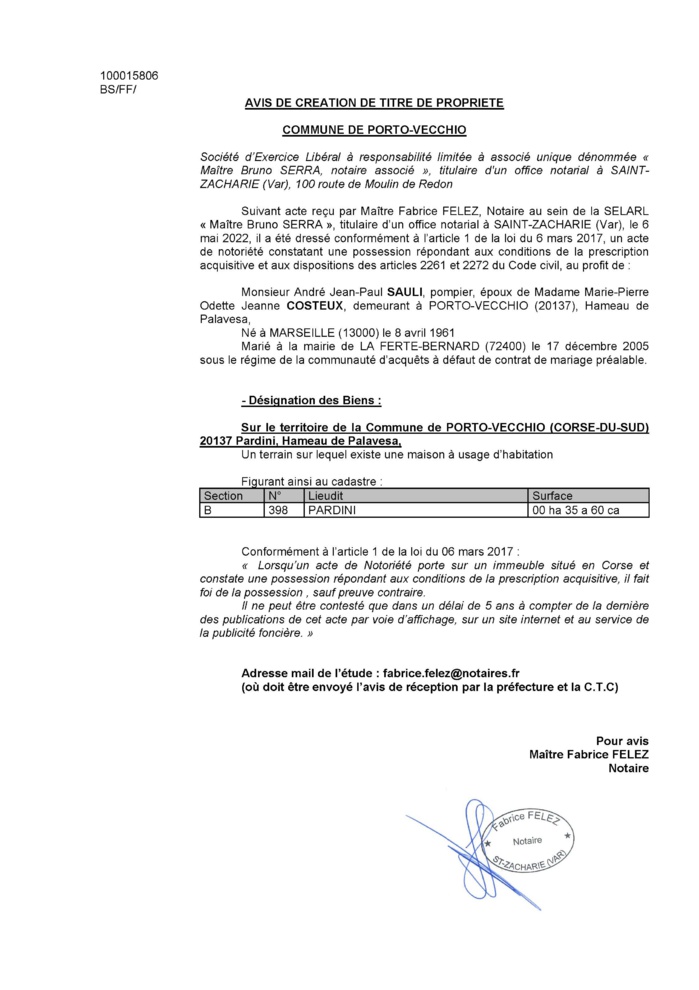 Avis de création de titre de propriété - Commune de Porto-Vecchio (Corse-du-Sud) 
