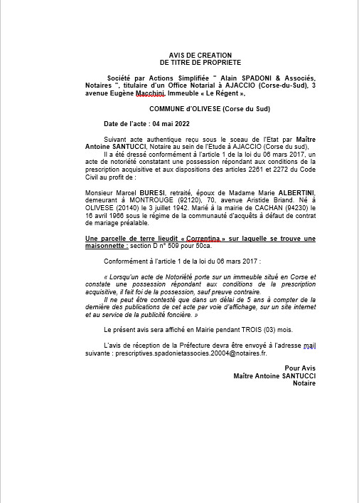 Avis de création de titre de propriété -Commune de Calcatoggio (Corse-du-Sud) 