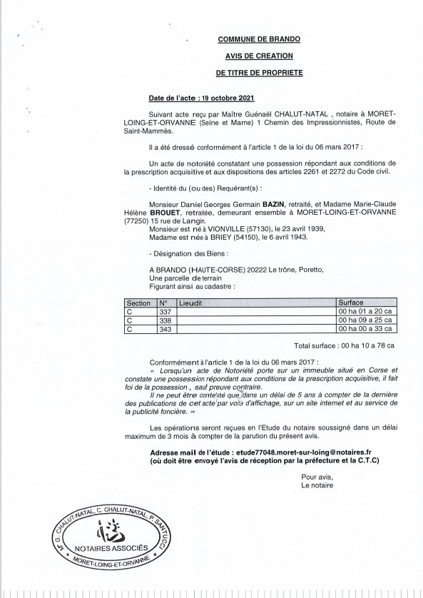 Avis de création de titre de propriété -Commune de Brando (Haute-Corse) Avis de création de titre de propriété -Commune de Brando (Haute-Corse)
