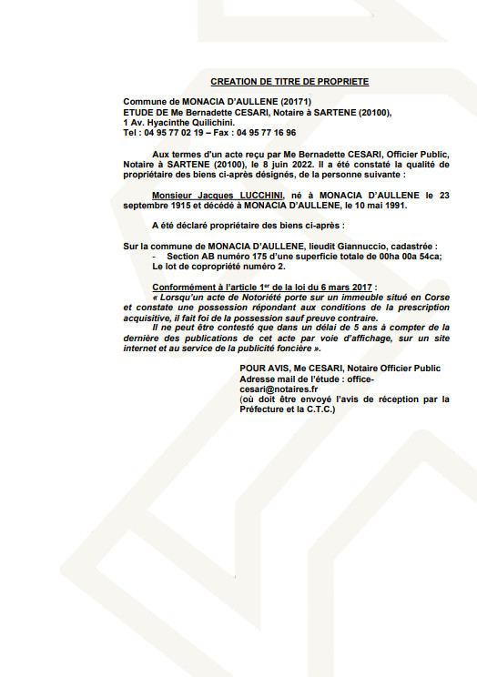 Avis de création de titre de propriété -Commune de Monacia-d'Aullène (Corse-du-Sud) 