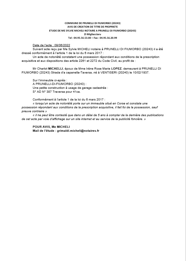 Avis de création de titre de propriété -Commune de Prunelli-di-Fiumorbo (Haute-Corse) Avis de création de titre de propriété -Commune de Prunelli-di-Fiumorbo (Haute-Corse)