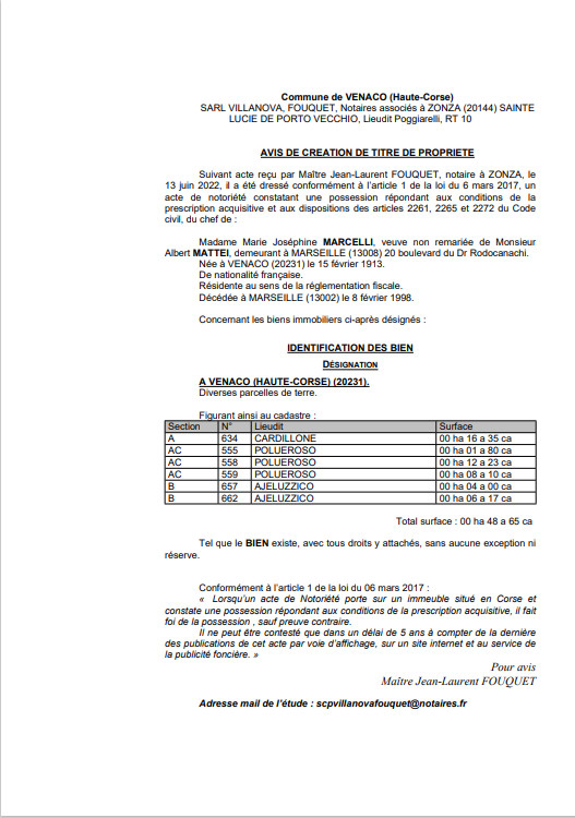  Avis de création de titre de propriété -Commune de Venaco (Haute-Corse) 