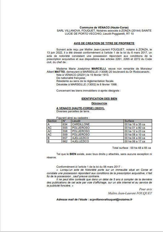 Avis de création de titre de propriété -Commune de Venaco (Haute-Corse)   Avis de création de titre de propriété -Commune de Venaco (Haute-Corse)