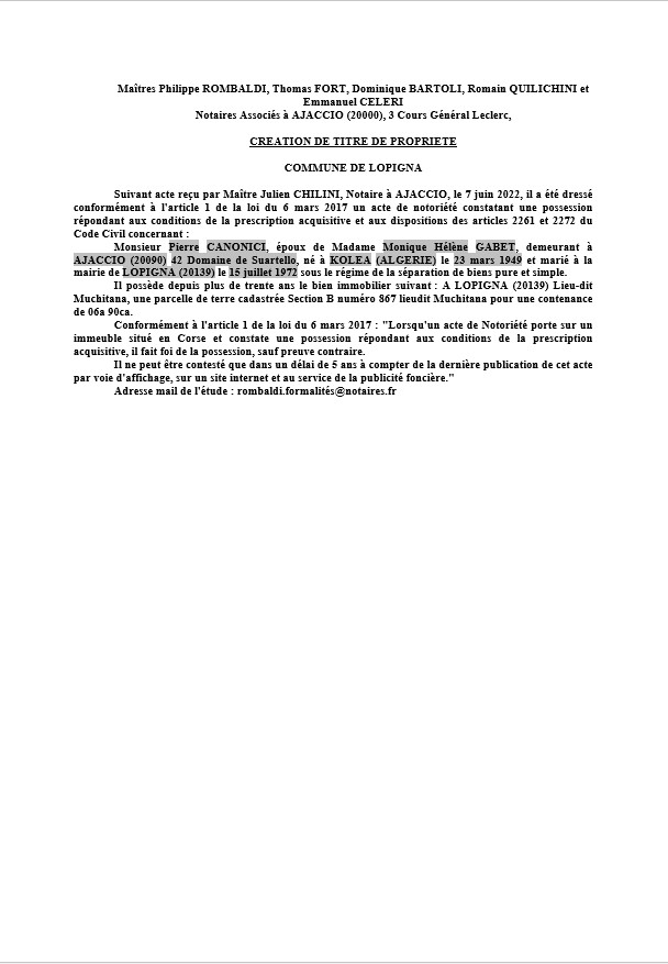Avis de création de titre de propriété -Commune de Lopigna (Corse-du-Sud) 