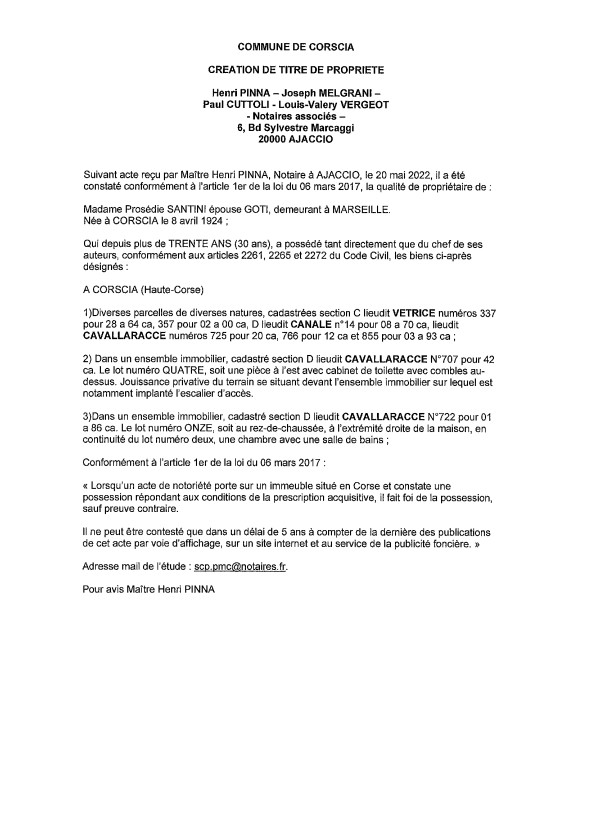 Avis de création de titre de propriété - Commune de Corscia (Haute-Corse)  Avis de création de titre de propriété - Commune de Corscia (Haute-Corse)