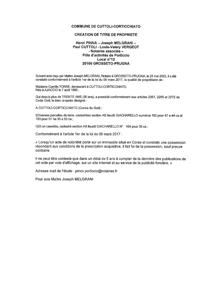 Avis de création de titre de propriété -Commune de Cuttoli-Cortichiato (Corse-du-Sud) 