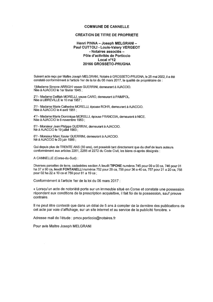 Avis de création de titre de propriété -Commune de Cannelle (Corse-du-Sud) 